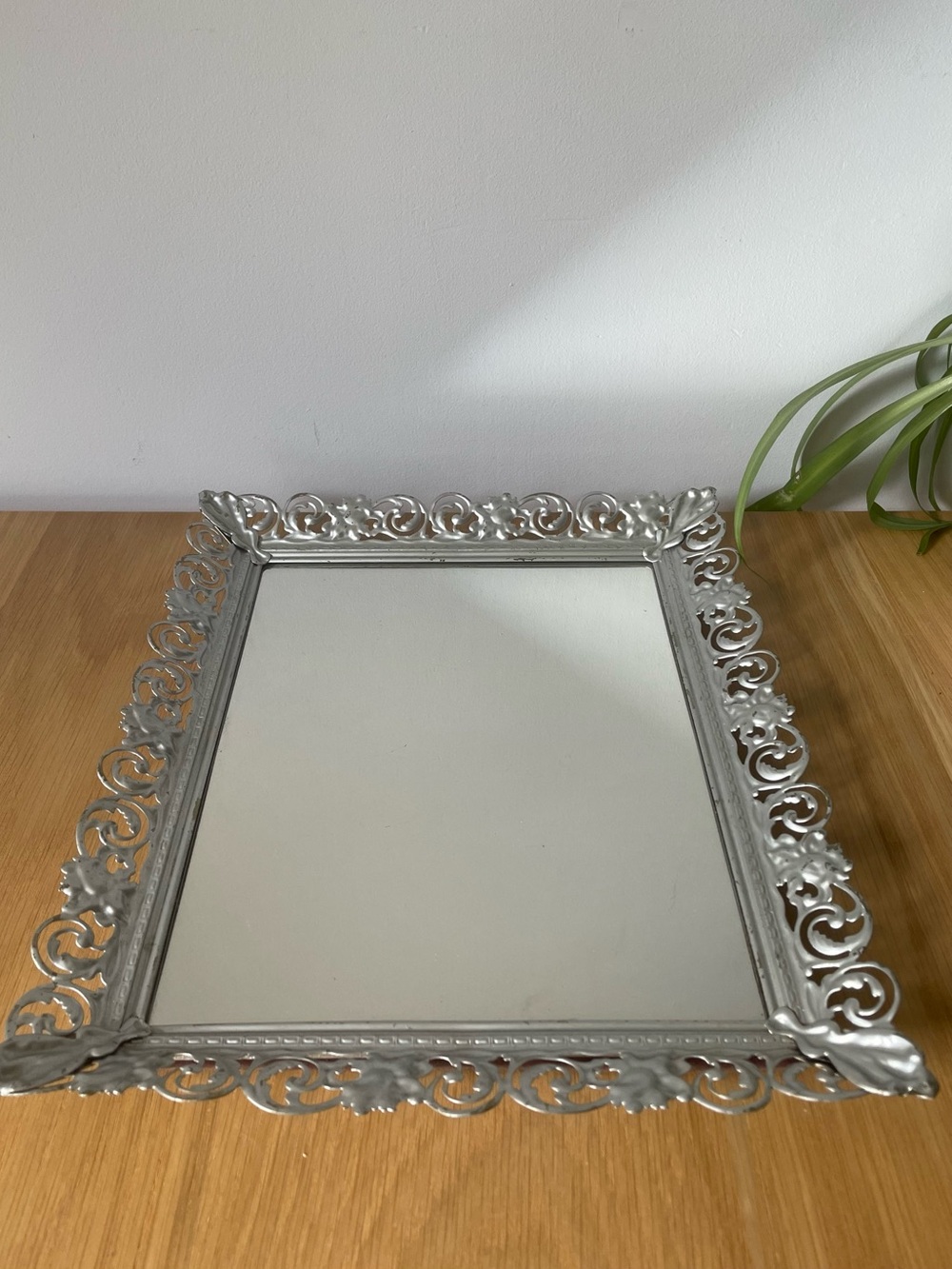Vintage Silver Tone Ornate Decorative Wall Mirror Vanity Tray Hollywood Regency